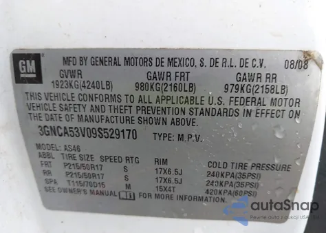 2009 Chevrolet Hhr Lt z USA, uszkodzony, nr VIN 3GNCA53V09S529170